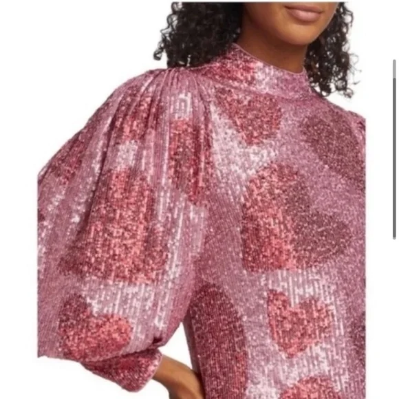 Farm Rio Hearts Sequin Long Puff Sleeve Mini Dress Sz M NWT - Picture 4 of 16